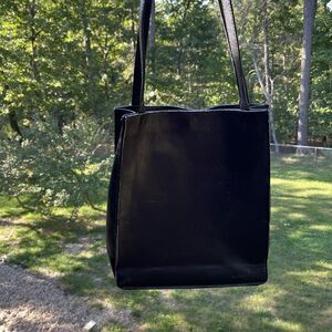 Piel Leather Black Tablet Double Handle Tote Handbag Bag